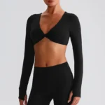 Long Sleeve Workout Crop Top​ Twist Deep V Yoga Top Recycled Sportswear