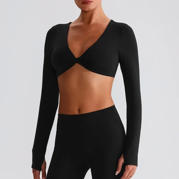 Long Sleeve Workout Crop Top​ Twist Deep V Yoga Top Recycled Sportswear