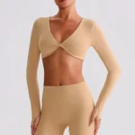 Long Sleeve Workout Crop Top​ Twist Deep V Yoga Top Recycled Sportswear