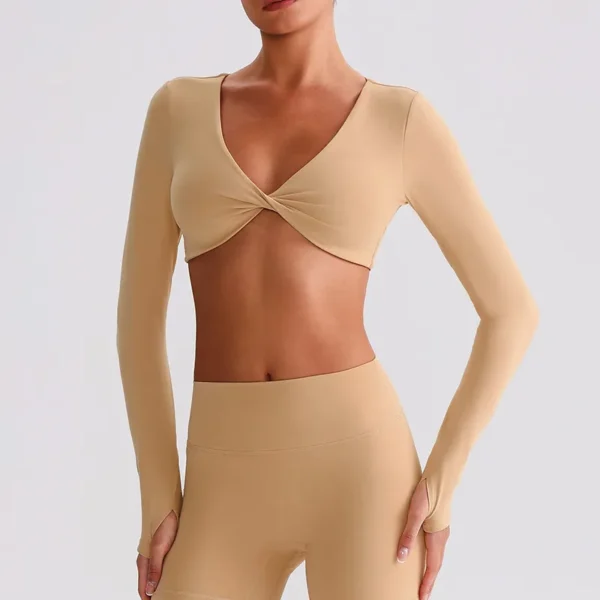 Long Sleeve Workout Crop Top​ Twist Deep V Yoga Top Recycled Sportswear
