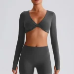 Long Sleeve Workout Crop Top​ Twist Deep V Yoga Top Recycled Sportswear