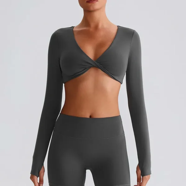 Long Sleeve Workout Crop Top​ Twist Deep V Yoga Top Recycled Sportswear