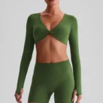 Long Sleeve Workout Crop Top​ Twist Deep V Yoga Top Recycled Sportswear
