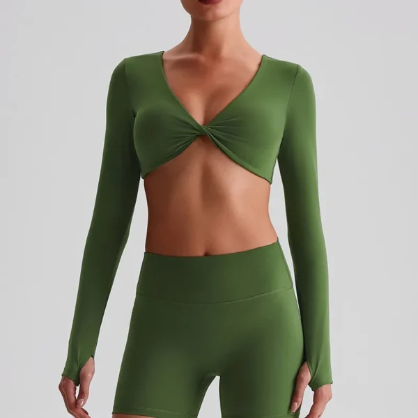 Long Sleeve Workout Crop Top​ Twist Deep V Yoga Top Recycled Sportswear