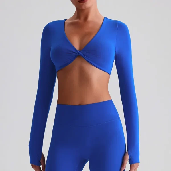 Long Sleeve Workout Crop Top​ Twist Deep V Yoga Top Recycled Sportswear