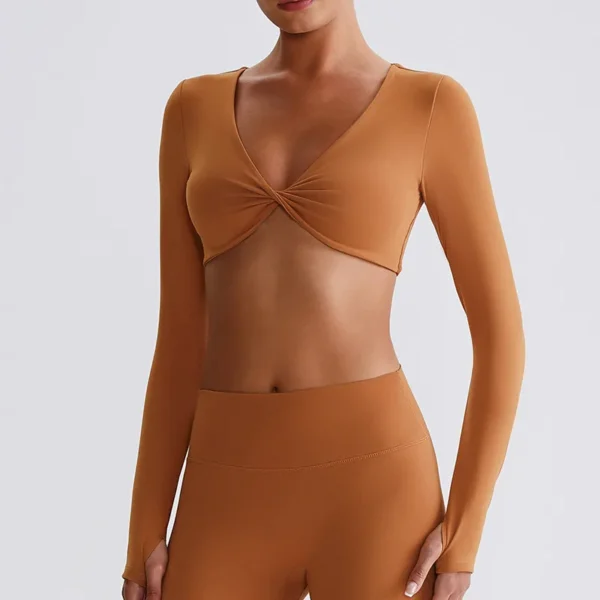 Long Sleeve Workout Crop Top​ Twist Deep V Yoga Top Recycled Sportswear