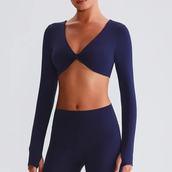 Long Sleeve Workout Crop Top​ Twist Deep V Yoga Top Recycled Sportswear