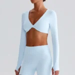 Long Sleeve Workout Crop Top​ Twist Deep V Yoga Top Recycled Sportswear