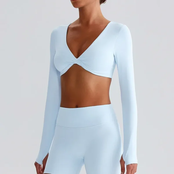 Long Sleeve Workout Crop Top​ Twist Deep V Yoga Top Recycled Sportswear