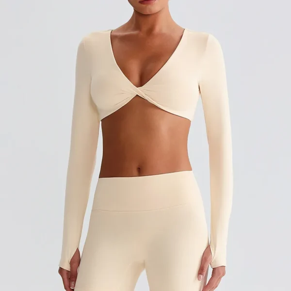 Long Sleeve Workout Crop Top​ Twist Deep V Yoga Top Recycled Sportswear