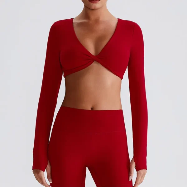 Long Sleeve Workout Crop Top​ Twist Deep V Yoga Top Recycled Sportswear