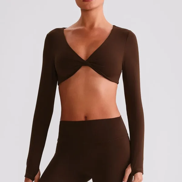 Long Sleeve Workout Crop Top​ Twist Deep V Yoga Top Recycled Sportswear