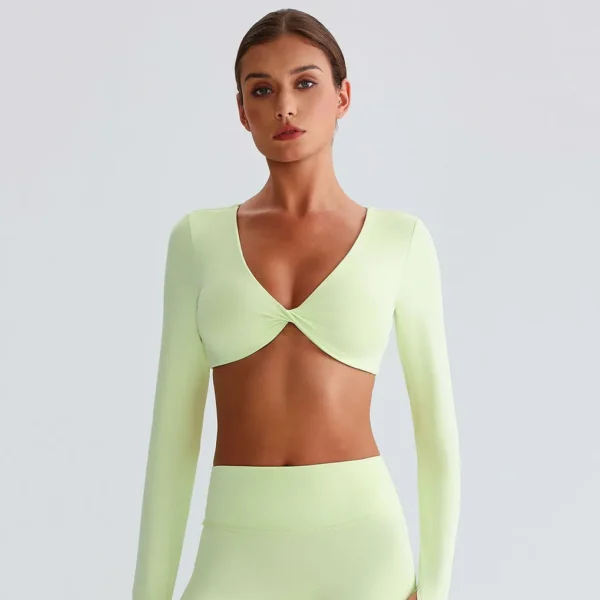 Long Sleeve Workout Crop Top​ Twist Deep V Yoga Top Recycled Sportswear