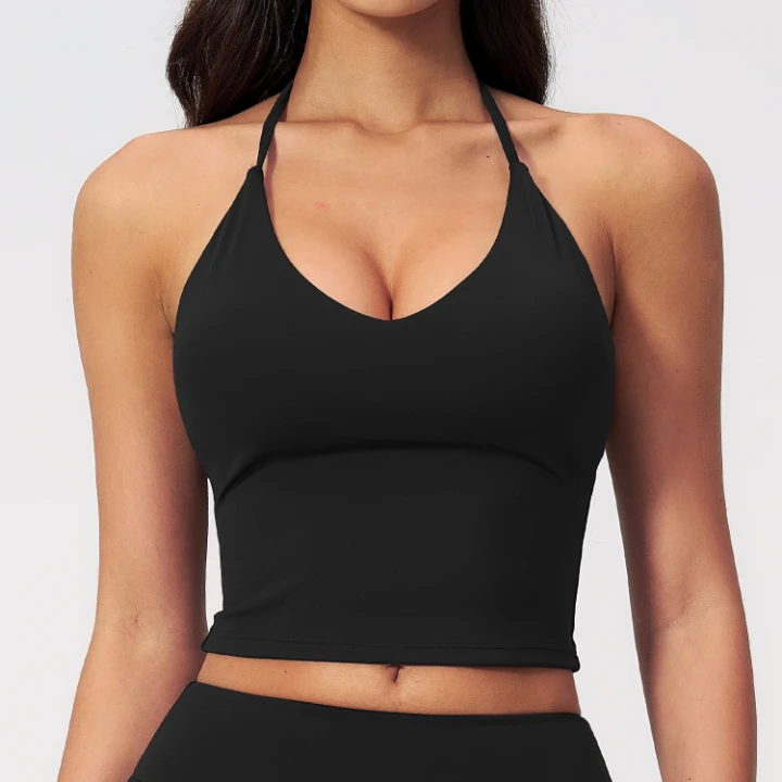 Halter-Neck V-Neck Sports Bra Top with Built-In Pads Custom Gym Wear Manufacturers Wholesale Tank Tops​