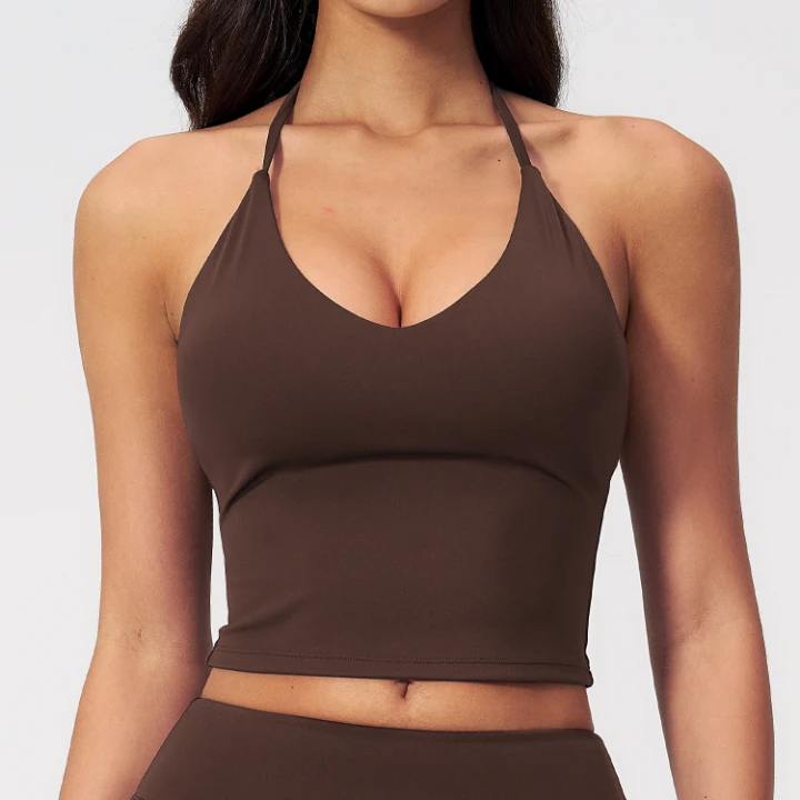 Halter-Neck V-Neck Sports Bra Top with Built-In Pads Custom Gym Wear Manufacturers Wholesale Tank Tops​