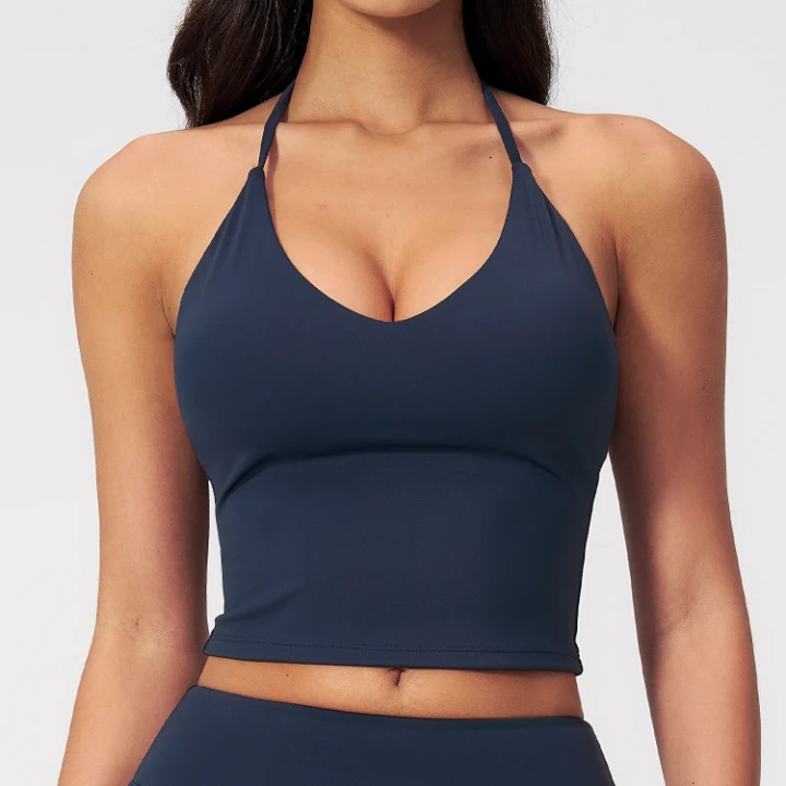 Halter-Neck V-Neck Sports Bra Top with Built-In Pads Custom Gym Wear Manufacturers Wholesale Tank Tops​