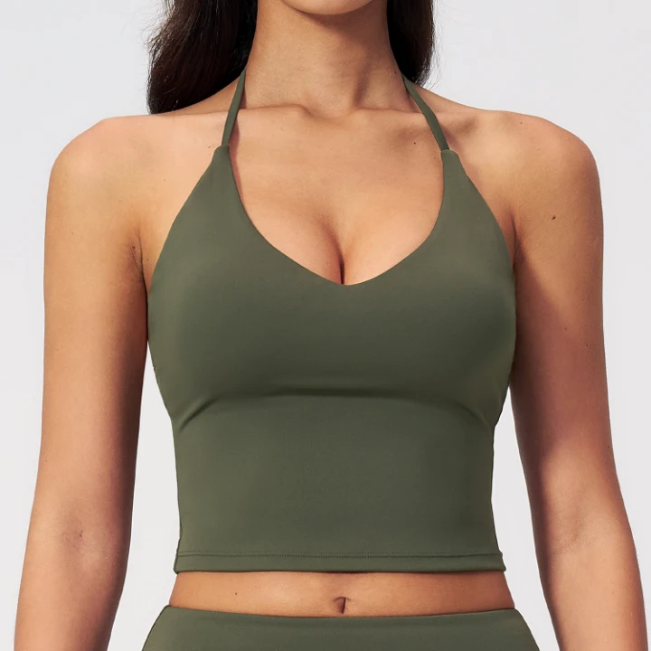Halter-Neck V-Neck Sports Bra Top with Built-In Pads Custom Gym Wear Manufacturers Wholesale Tank Tops​